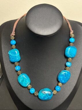 Chunky Vintage Persian Blue Stone Beaded Leather Cord Statement Necklace